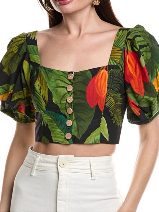 FARM Rio Tops - FARM Rio Cocoa Forest Tropical Puff-Sleeve Crop Top - Green & Red Size M Medium